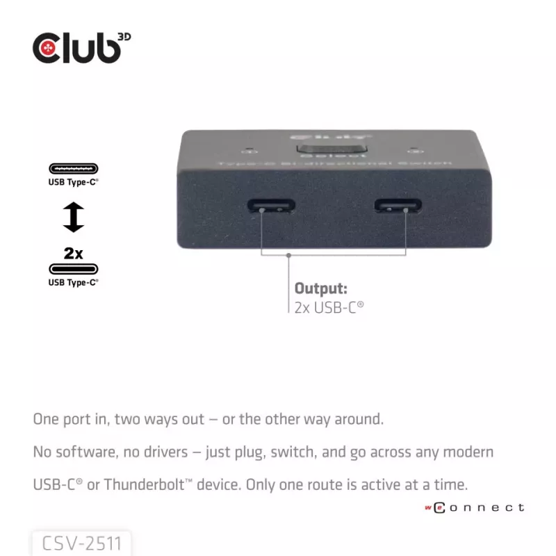 CLUB3D USB-C® dvipusis vaizdo + duomenų + PD jungiklis, USB Type-C, 2x DisplayPort, 7680 x 4320 pikselių, juoda, 8K Ultra HD, 120 Hz