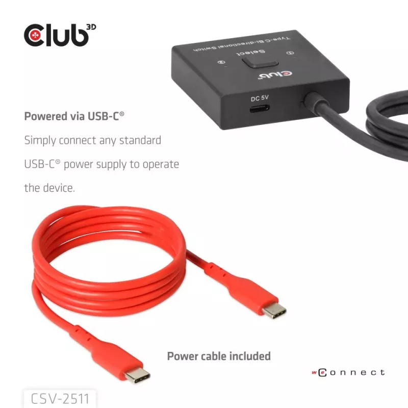 CLUB3D USB-C® dvipusis vaizdo + duomenų + PD jungiklis, USB Type-C, 2x DisplayPort, 7680 x 4320 pikselių, juoda, 8K Ultra HD, 120 Hz