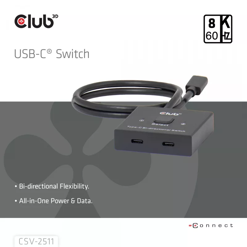 CLUB3D USB-C® dvipusis vaizdo + duomenų + PD jungiklis, USB Type-C, 2x DisplayPort, 7680 x 4320 pikselių, juoda, 8K Ultra HD, 120 Hz