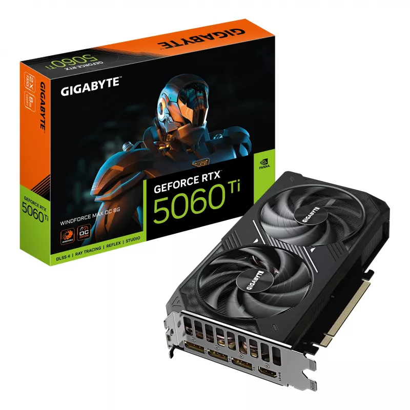 GIGABYTE GeForce RTX 5060 Ti WINDFORCE MAX OC 8G vaizdo plokštė - 8 GB GDDR7, 128 bitų, PCI-E 5.0, 2587 MHz branduolio dažnis, 3 x DP, 1 x HDMI, NVIDIA DLSS 4, GV-N506TWF2MAX OC-8GD