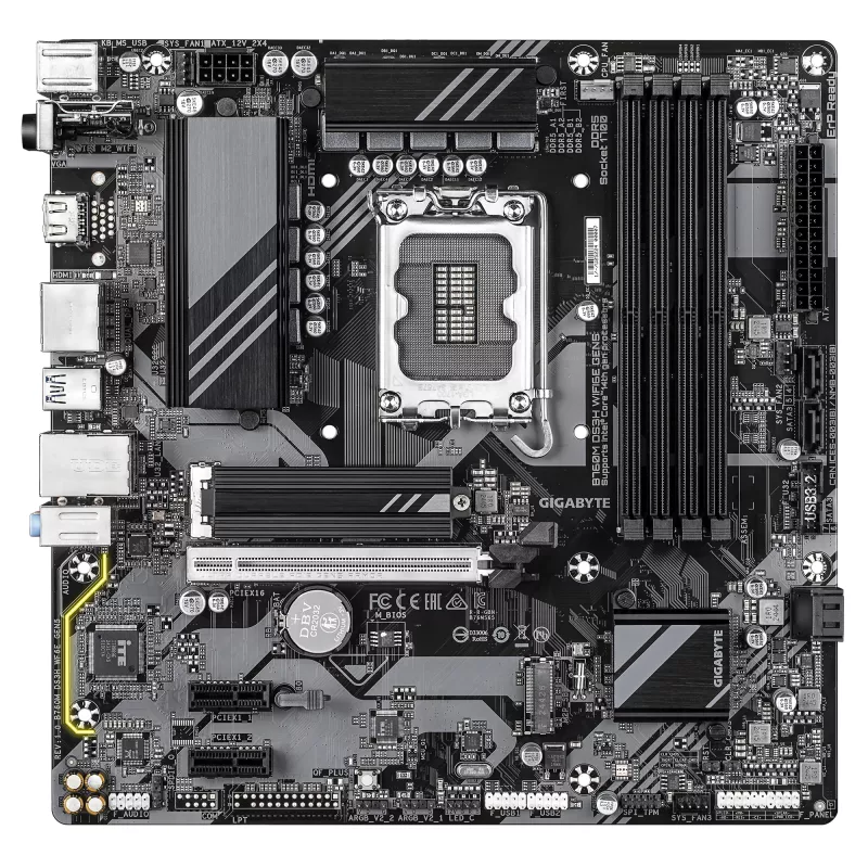 GIGABYTE B760M DS3H WIFI6E GEN5 pagrindinė plokštė – palaiko Intel Core 14-osios kartos procesorius, 6+2+1 fazių skaitmeninis VRM, iki 5600 MHz DDR5, 2xPCIe 4.0 M.2, Wi-Fi 6E, 2,5GbE LAN, USB 3.2 Gen2