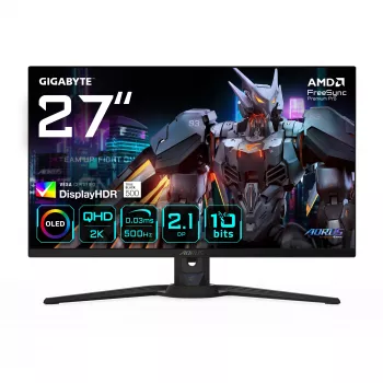 GIGABYTE AORUS FO27Q5P OLED QHD žaidimų monitorius - 2560 x 1440, 500Hz, 0.03ms, KVM, 300 cd/m², FreeSync Premium Pro, DisplayHDR True Juoda 500, DisplayPort 2.1