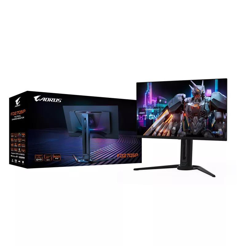GIGABYTE AORUS FO27Q5P OLED QHD žaidimų monitorius - 2560 x 1440, 500Hz, 0.03ms, KVM, 300 cd/m², FreeSync Premium Pro, DisplayHDR True Juoda 500, DisplayPort 2.1