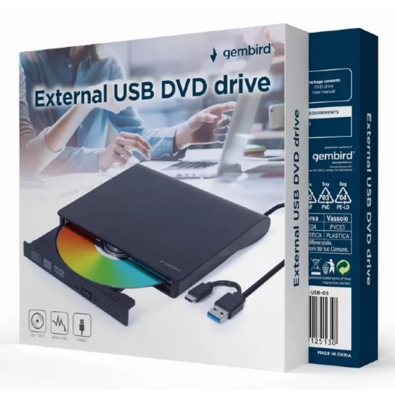 Vidinis DVD±RW įrenginys Gembird DVD-USB-031 — USB Type-C, 24x CD / 8x DVD, priekinis įdėjimas, juodas, 140×18×140 mm