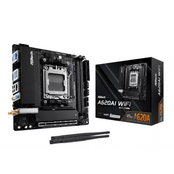 ASRock pagrindinė plokštė A620AI Wi-Fi AM5 AMD A620A 2 x DDR5 1 x HDMI 2.1 TMDS/FRL 8G suderinama mITX
