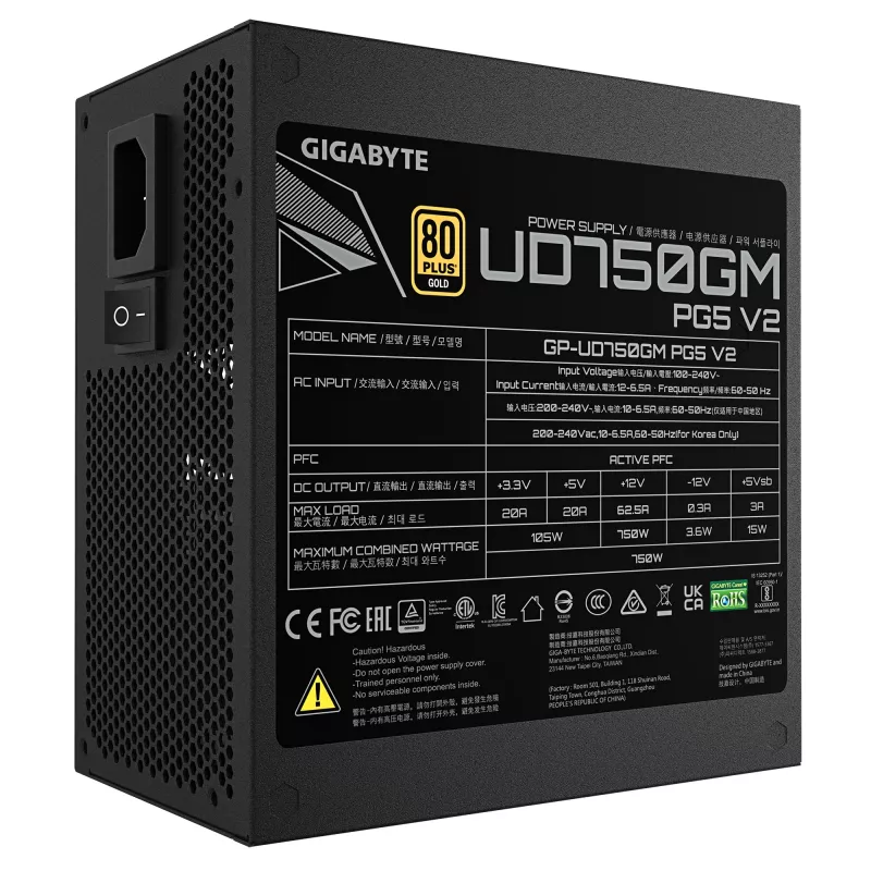 GIGABYTE UD750GM PG5 V2 maitinimo blokas – PCIe Gen 5.1, 80 PLUS Gold, visiškai modulinė konstrukcija, 120 mm ventiliatorius, suderinamas su ATX 3.1, EU kištukas