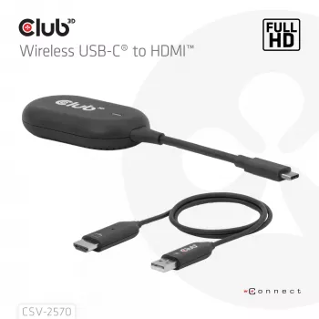 CLUB3D belaidis USB-C® į HDMI™, 1920 x 1080 pikselių, AV siųstuvas ir imtuvas, laidinis ir belaidis, juodas, HDCP