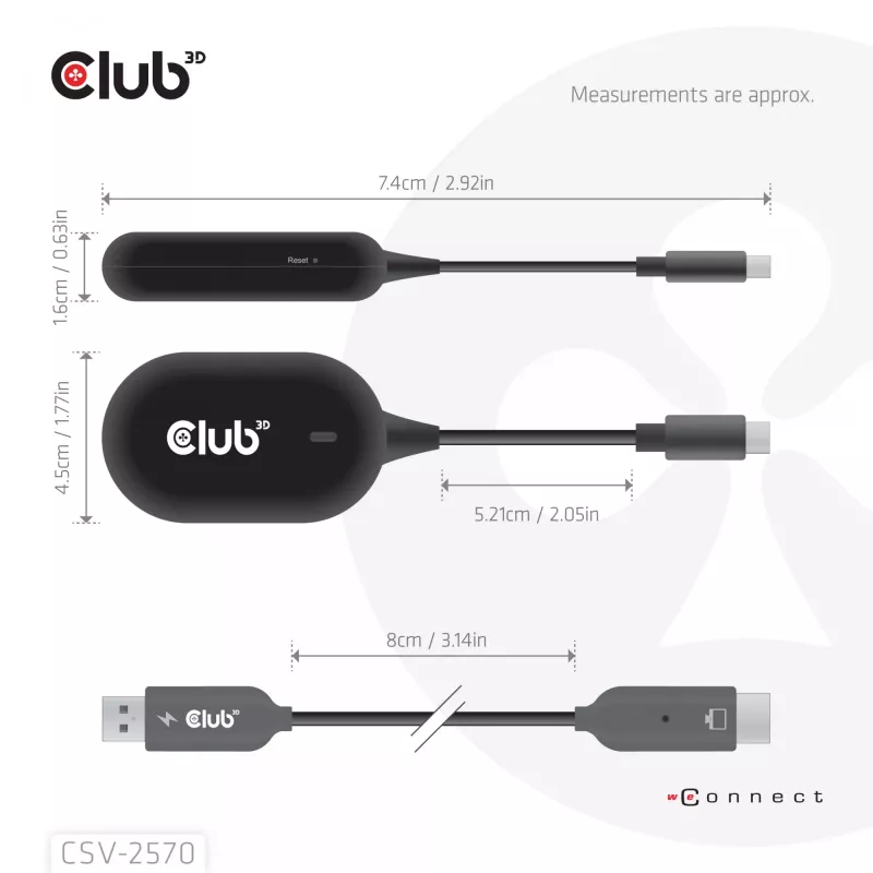 CLUB3D Wireless USB-C® į HDMI™, 1920 x 1080 pikselių, AV siųstuvas ir imtuvas, laidinis ir belaidis, juodas, HDCP