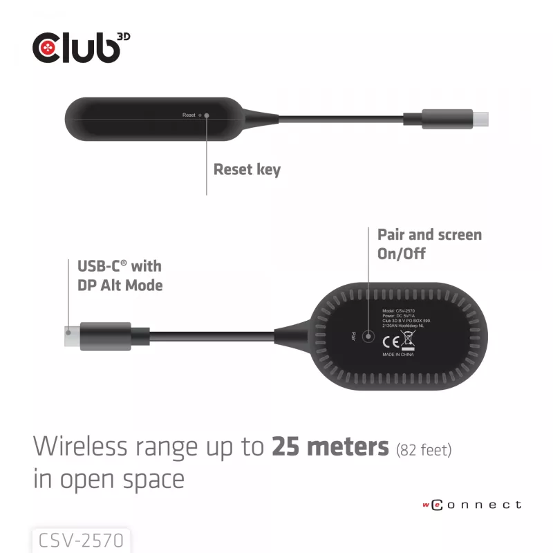 CLUB3D Wireless USB-C® į HDMI™, 1920 x 1080 pikselių, AV siųstuvas ir imtuvas, laidinis ir belaidis, juodas, HDCP