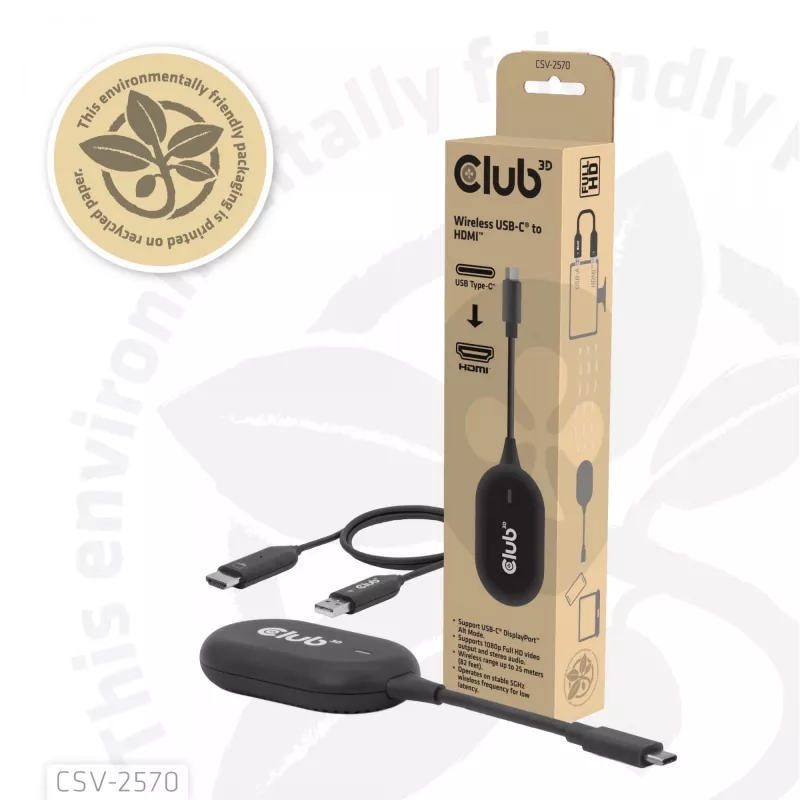 CLUB3D Wireless USB-C® į HDMI™, 1920 x 1080 pikselių, AV siųstuvas ir imtuvas, laidinis ir belaidis, juodas, HDCP