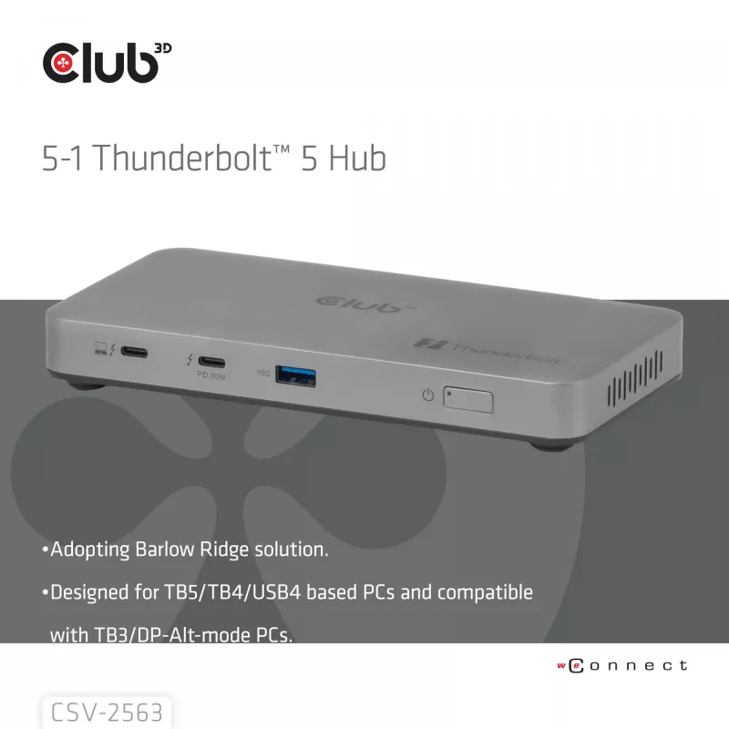 CLUB3D CSV-2563 5-1 Thunderbolt™ 5 Hub Triple video 5K60Hz Thunderbolt™ Share Certifikuotas 180 W
