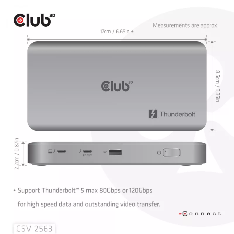 CLUB3D CSV-2563 5-1 Thunderbolt™ 5 Hub Triple video 5K60Hz Thunderbolt™ Share Certifikuotas 180 W