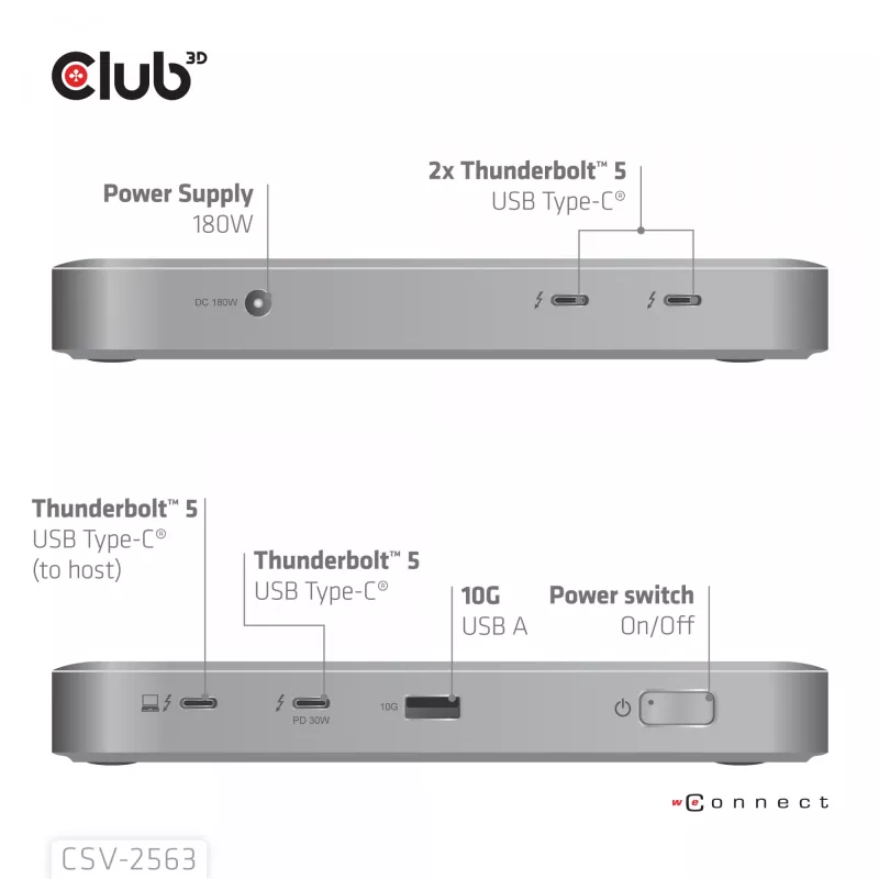 CLUB3D CSV-2563 5-1 Thunderbolt™ 5 Hub Triple video 5K60Hz Thunderbolt™ Share Certifikuotas 180 W