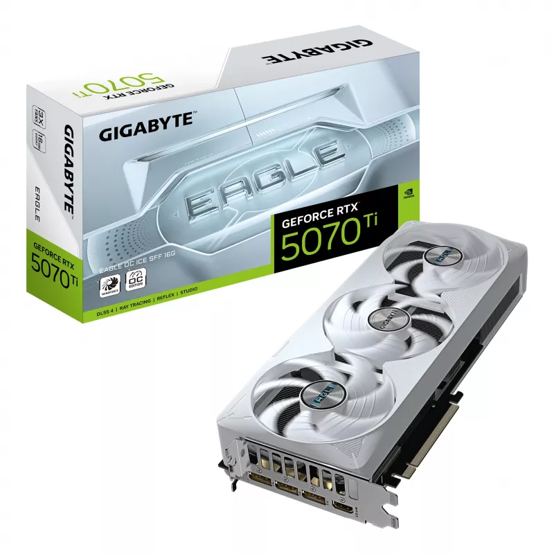 GIGABYTE GeForce RTX 5070 Ti EAGLE OC ICE SFF 16G vaizdo plokštė - 16GB GDDR7, 256bit, PCI-E 5.0, 2542 MHz šerdies dažnis, 3 x DP 2.1a, 1 x HDMI 2.1b, NVIDIA DLSS 4, GV-N507TEAGLEOC ICE-16GD