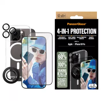 PanzerGlass ® 4-in-1 apsaugos rinkinys iPhone 16 Pro, Apple, Apple - iPhone 16 Pro, sausas uždėjimas, atsparus įbrėžimams, atsparus smūgiams, permatomas, 1 vnt.
