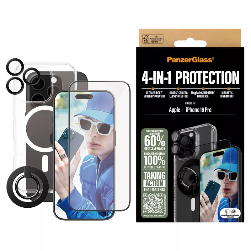 PanzerGlass ® 4-in-1 apsaugos rinkinys iPhone 16 Pro, Apple, Apple - iPhone 16 Pro, sausas uždėjimas, atsparus įbrėžimams, atsparus smūgiams, permatomas, 1 vnt.