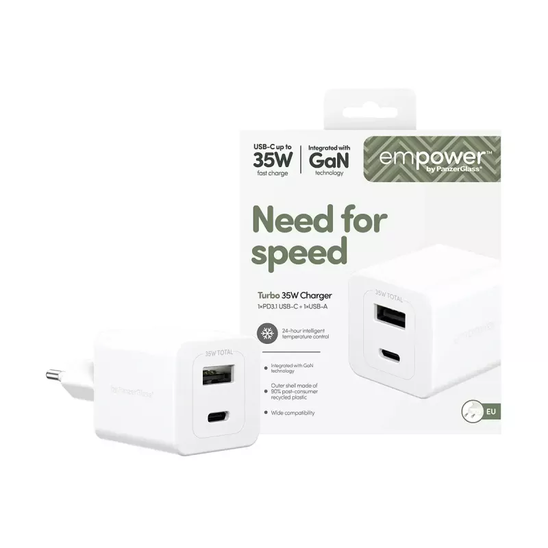 PanzerGlass empower™ by ® Turbo 35W Charger incl. USB-C + USB-A | EU Plug | Sidabrinė White