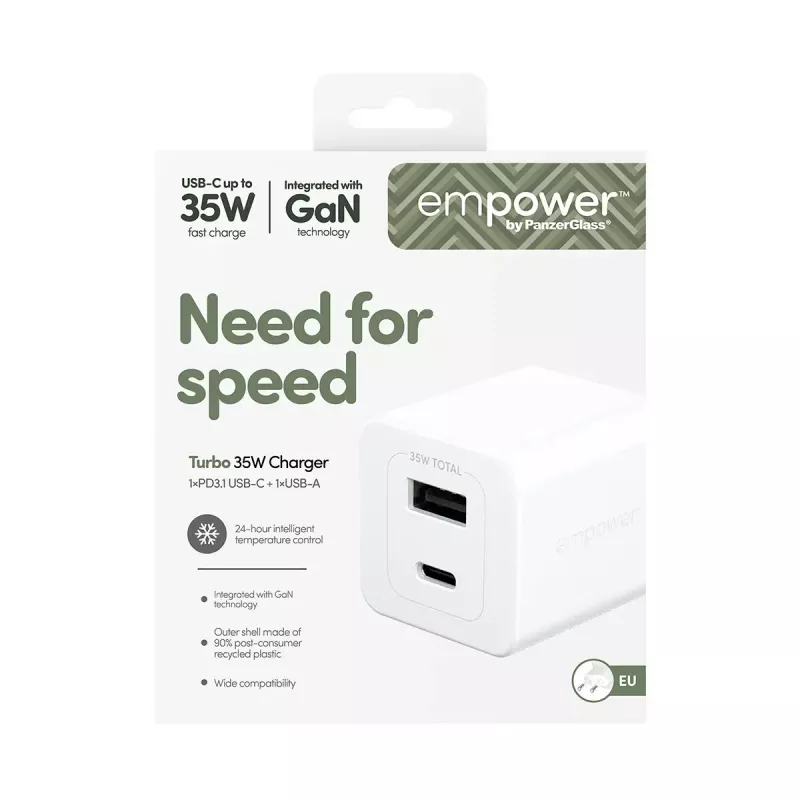 PanzerGlass empower™ by ® Turbo 35W Charger incl. USB-C + USB-A | EU Plug | Sidabrinė White