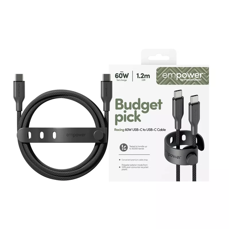 “PanzerGlass empower™ by ® Racing” 60W USB-C į USB-C laidas | USB 2.0 | 1,2 m | Space Juoda
