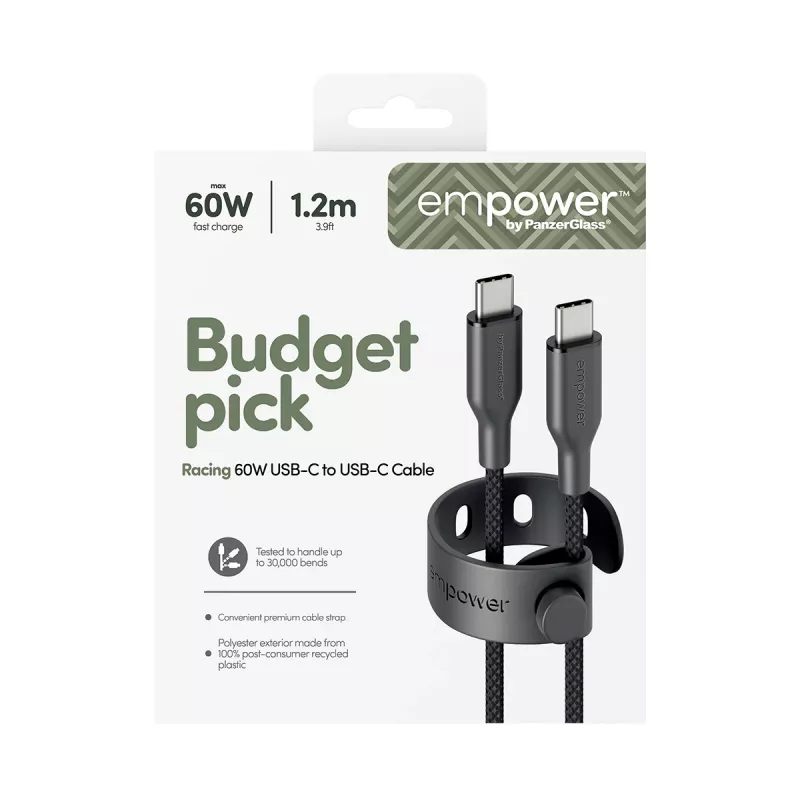 “PanzerGlass empower™ by ® Racing” 60W USB-C į USB-C laidas | USB 2.0 | 1,2 m | Space Juoda