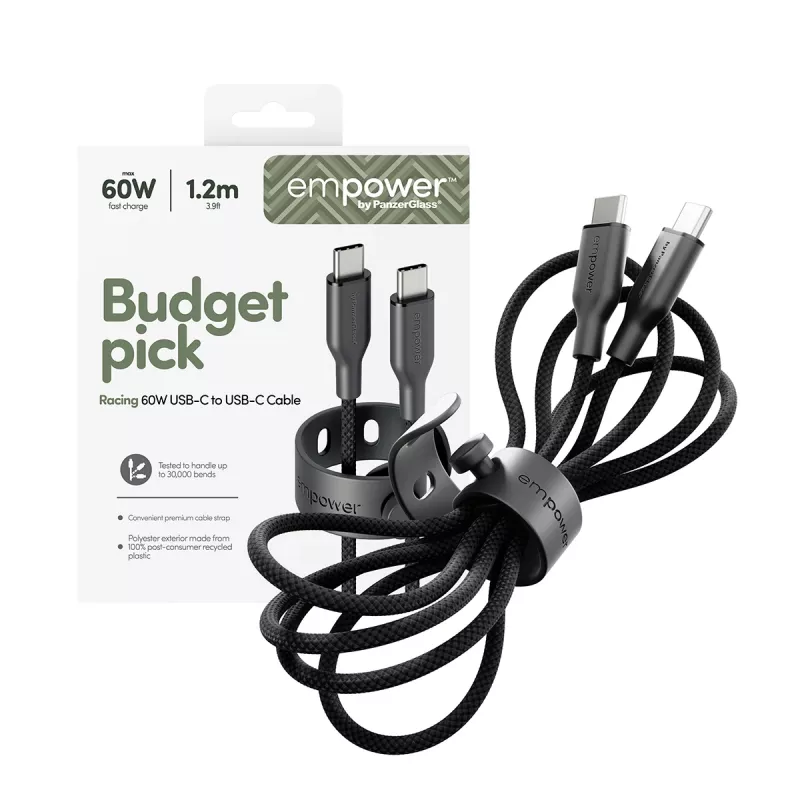 “PanzerGlass empower™ by ® Racing” 60W USB-C į USB-C laidas | USB 2.0 | 1,2 m | Space Juoda