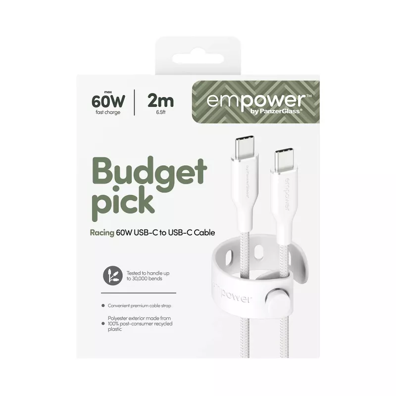 PanzerGlass empower™ by ® Racing 60W USB-C į USB-C laidas | USB 2.0 | 2M | Sidabrinė balta