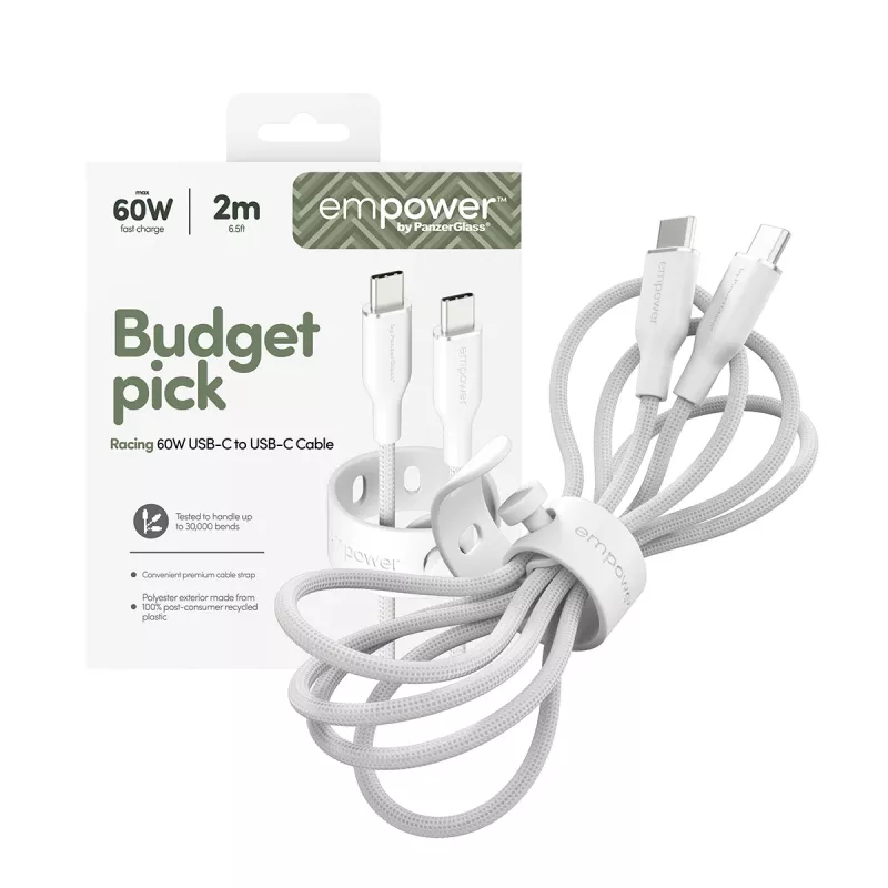 PanzerGlass empower™ by ® Racing 60W USB-C į USB-C laidas | USB 2.0 | 2M | Sidabrinė balta