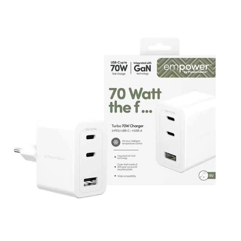 PanzerGlass empower™ by ® Turbo 70W Multiple Charger incl. 2 x USB-C + USB-A | EU Plug | Sidabrinė White