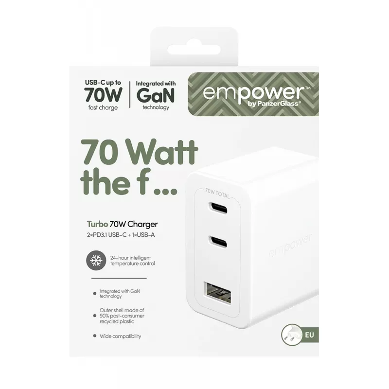 PanzerGlass empower™ by ® Turbo 70W Multiple Charger incl. 2 x USB-C + USB-A | EU Plug | Sidabrinė White