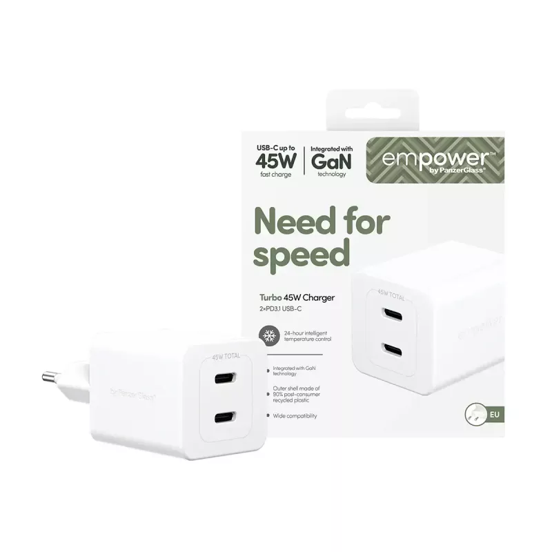 PanzerGlass empower™ by ® Turbo 45W Charger incl. 2 x USB-C | EU Plug | Sidabrinė White