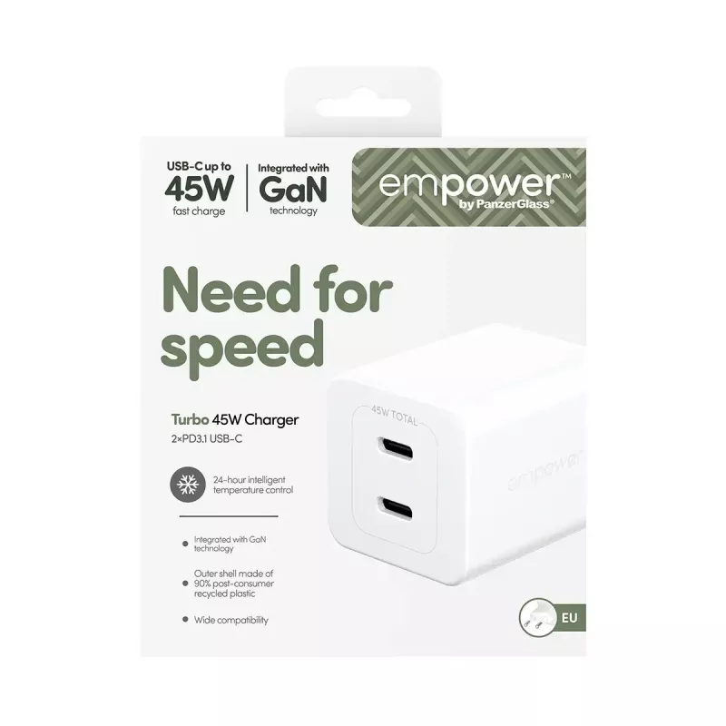 PanzerGlass empower™ by ® Turbo 45W Charger incl. 2 x USB-C | EU Plug | Sidabrinė White