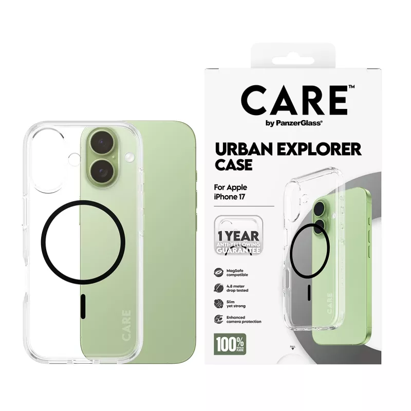 Dėklas PanzerGlass CARE by Flagship Case Skaidrus Urban Explorer Black MagSafe, skirtas iPhone 17