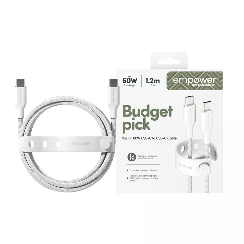 PanzerGlass empower™ by ® Racing 60W USB-C į USB-C kabelis | USB 2.0 | 1,2 m | Sidabrinė balta