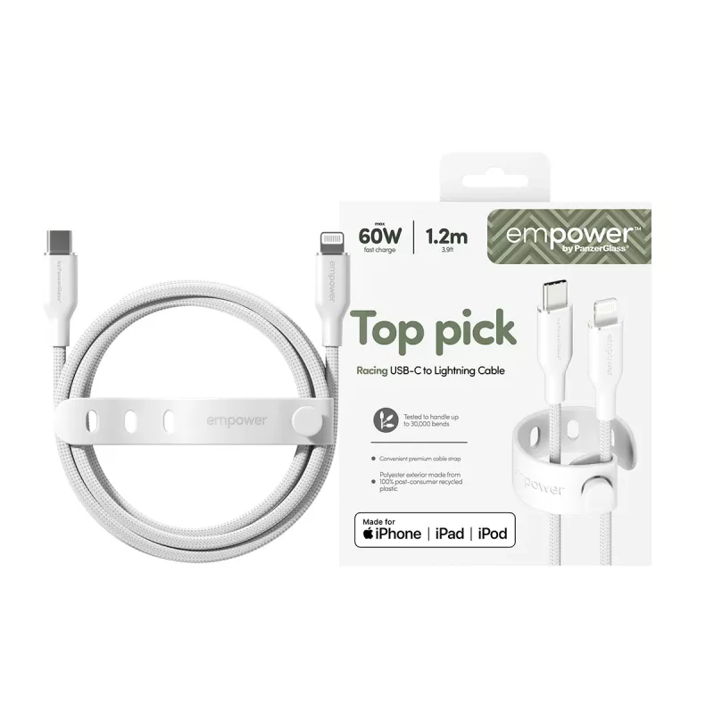 PanzerGlass empower™ by ® Racing 60W USB-C – Lightning laidas | USB 2.0 | 1,2 m | Sidabrinė balta