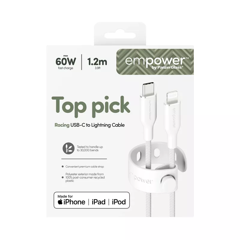 PanzerGlass empower™ by ® Racing 60W USB-C – Lightning laidas | USB 2.0 | 1,2 m | Sidabrinė balta