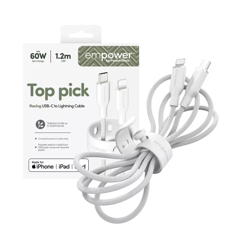 PanzerGlass empower™ by ® Racing 60W USB-C – Lightning laidas | USB 2.0 | 1,2 m | Sidabrinė balta
