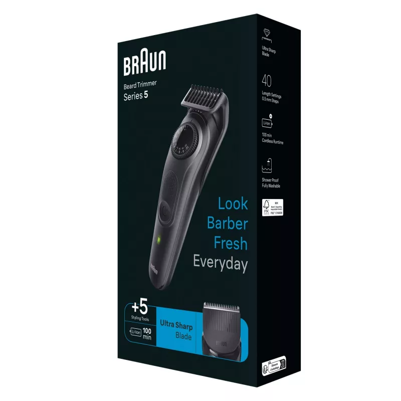 “Braun BeardTrimmer 5 BT5430” barzdaskutė Baterija 40 2 cm Drėgnam ir sausam naudojimui Juoda