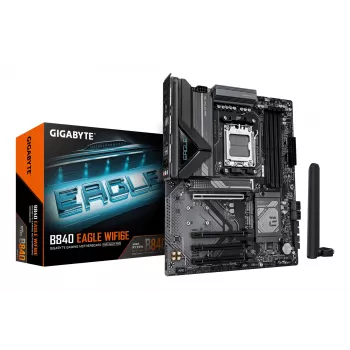 GIGABYTE B840 EAGLE WIFI6E pagrindinė plokštė – AMD Ryzen 9000 procesoriams, 8+2+2 fazių VRM, iki 8200MHz DDR5(O.C), 2xPCIe 4.0 + 1xPCIe 3.0 M.2, Wi-Fi 6E, 2.5GbE LAN, USB 3.2 Gen 2