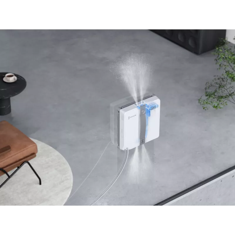 Langų valiklis Ecovacs WINBOT MINI — siurbimas, Li-Ion baterija, min lango dydis 22×25 cm, 1,3 kg, 215×215×55 mm, pilkas/baltas