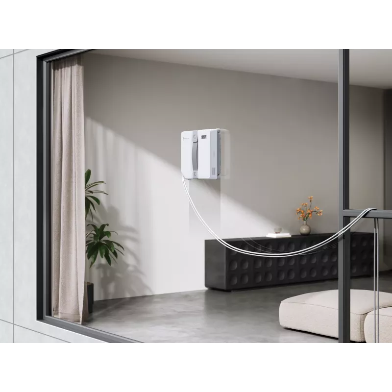 Langų valiklis Ecovacs WINBOT MINI — siurbimas, Li-Ion baterija, min lango dydis 22×25 cm, 1,3 kg, 215×215×55 mm, pilkas/baltas