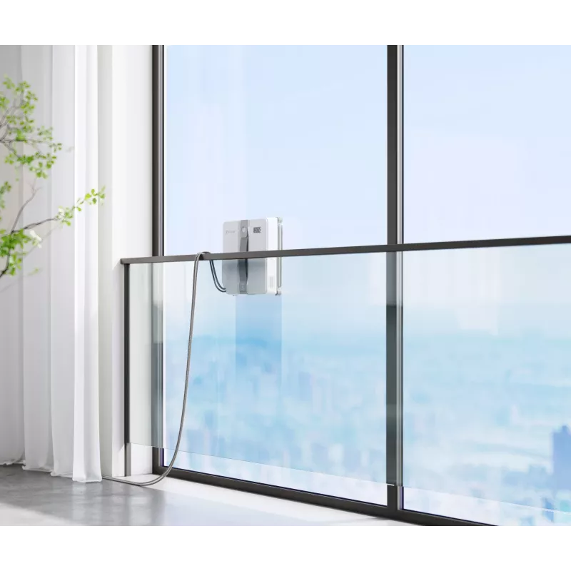 Langų valiklis Ecovacs WINBOT MINI — siurbimas, Li-Ion baterija, min lango dydis 22×25 cm, 1,3 kg, 215×215×55 mm, pilkas/baltas