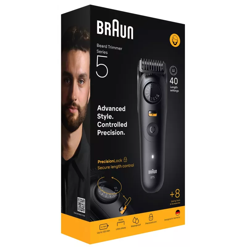 Braun BeardTrimmer 5 BT5560 barzdos skutimosi mašinėlė, baterija, 40, 2 cm, šlapiam ir sausam naudojimui, juoda