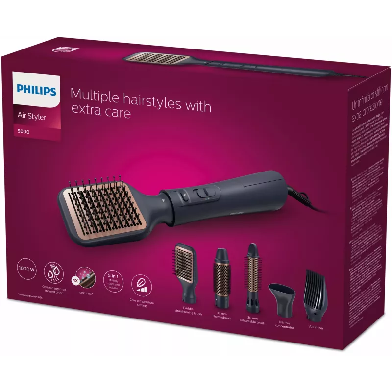 Plaukų formavimo rinkinys Philips 5000 series BHA530/00 — plaukų tiesintuvas ir suktuvas, 1000 W, 3 šildymo lygiai, joninė funkcija, 5 priedai, 2 m laidas, juoda