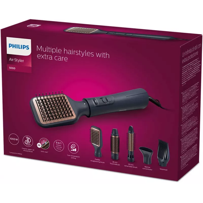 Plaukų formavimo rinkinys Philips 5000 series BHA530/00 — plaukų tiesintuvas ir suktuvas, 1000 W, 3 šildymo lygiai, joninė funkcija, 5 priedai, 2 m laidas, juoda