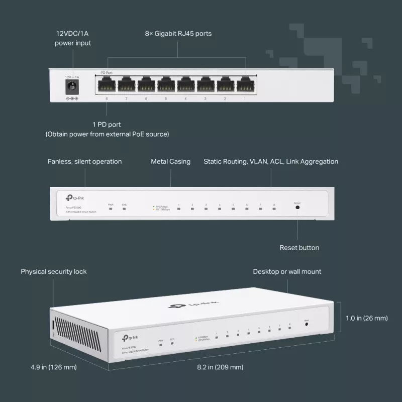 TP-Link Festa FS308G Valdomas L2/L2+ Gigabit Ethernet (10/100/1000) Power over Ethernet (PoE) Baltas