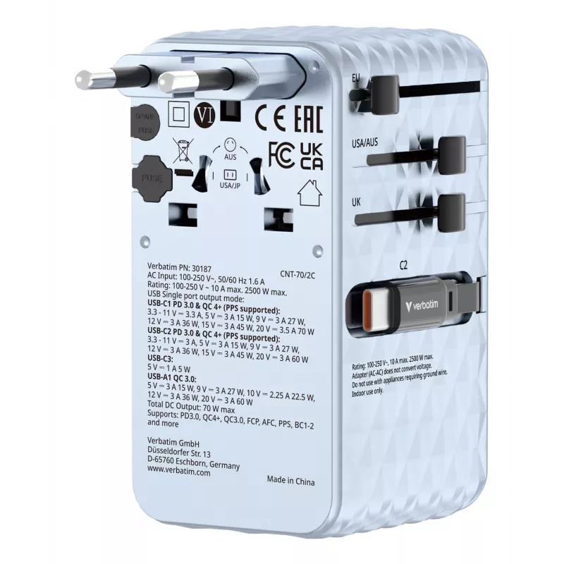 Verbatim Charge 'n' Travel 70W 2C ištraukiamas universalus kelioninis adapteris mėlynas