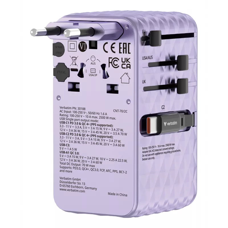 Verbatim Charge 'n' Travel 70W 2C ištraukiamas universalus kelioninis adapteris violetinis