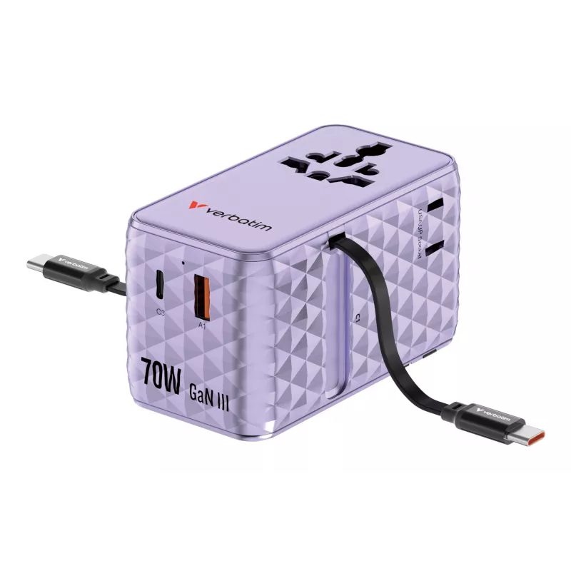 Verbatim Charge 'n' Travel 70W 2C ištraukiamas universalus kelioninis adapteris violetinis