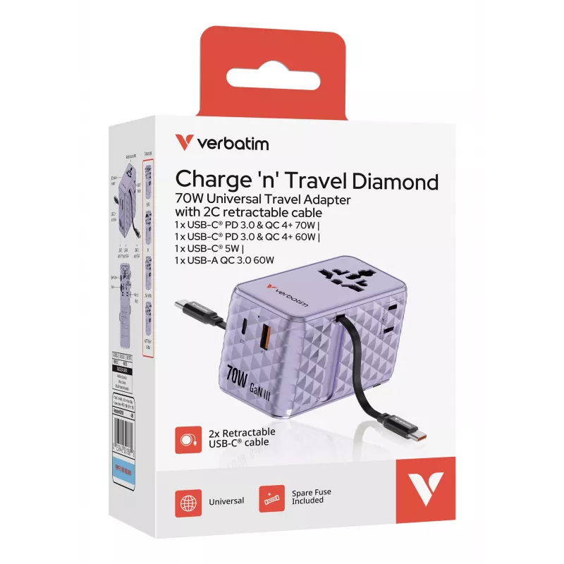 Verbatim Charge 'n' Travel 70W 2C ištraukiamas universalus kelioninis adapteris violetinis