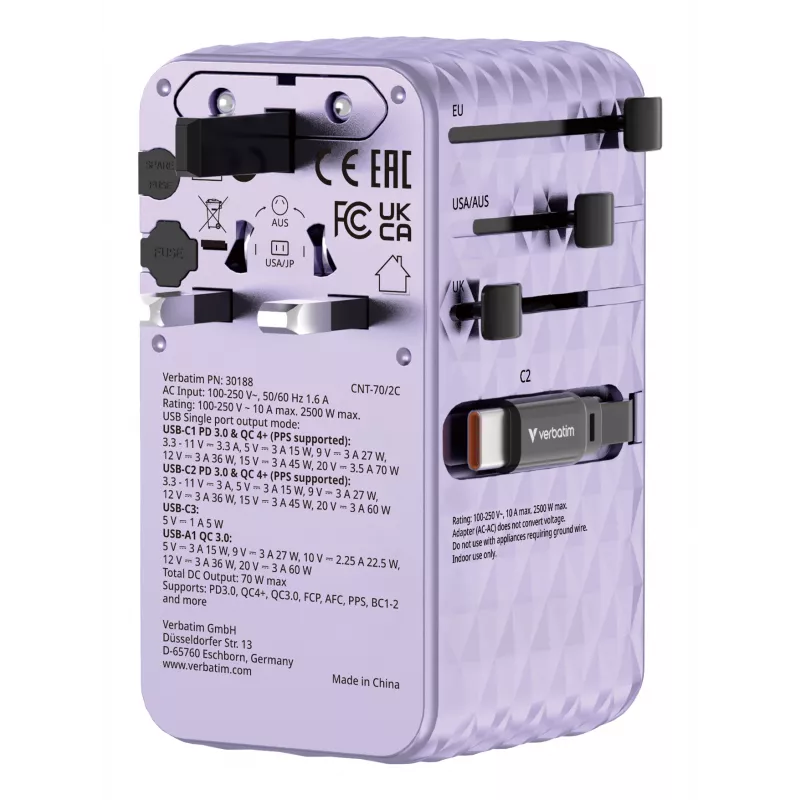 Verbatim Charge 'n' Travel 70W 2C ištraukiamas universalus kelioninis adapteris violetinis
